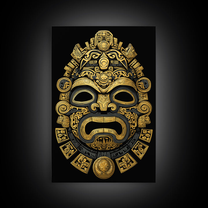 Aztec Feathered God Mask Gold Canvas Print, Ornate Tribal Face Artwork, Ancient Ethnic Wall Decor, Real Wood Frame