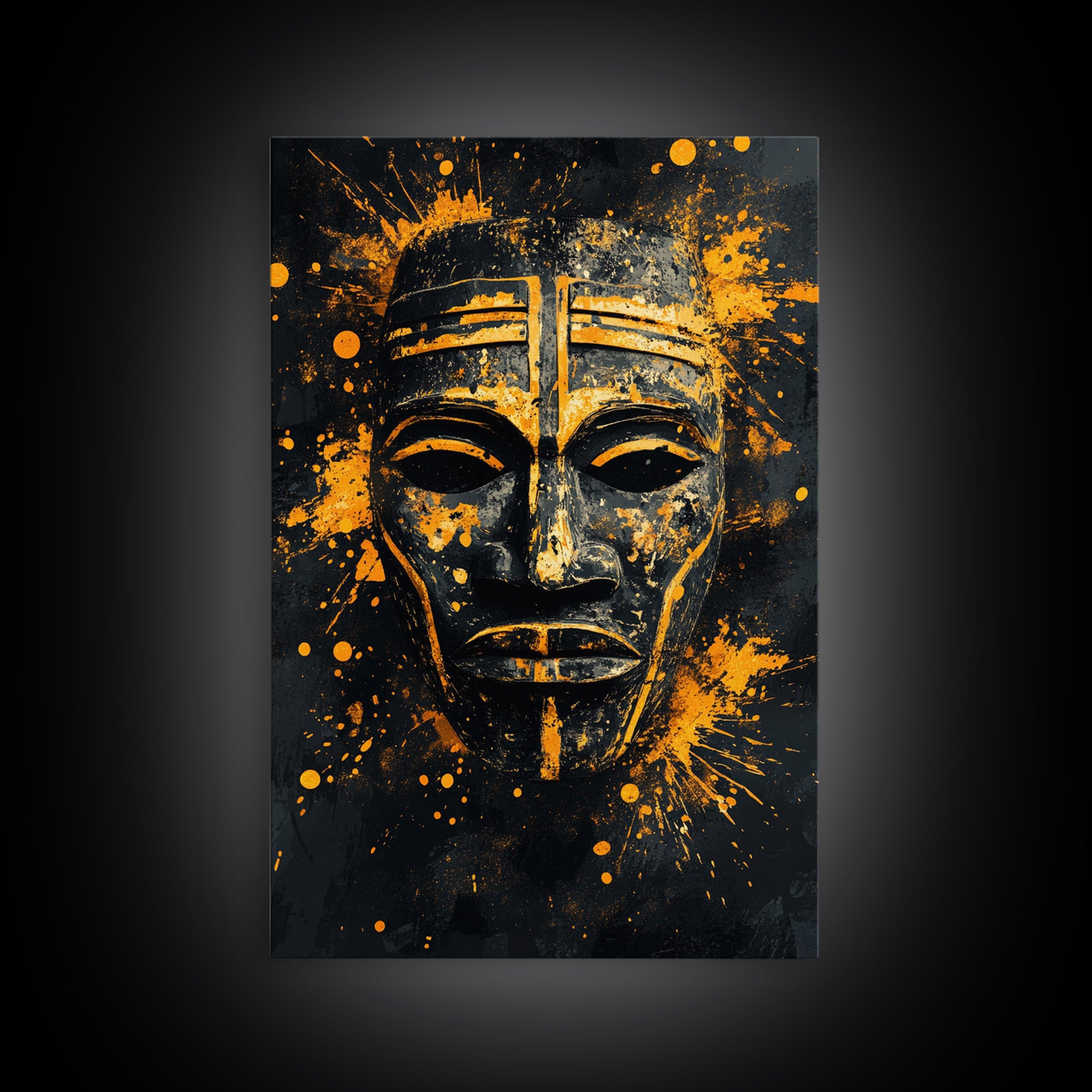 Bakongo Ritual Mask Gold Canvas Print, African Ethnic Face Art, Spiritual Tribal Wall Hanging Decor, Real Wood Frame