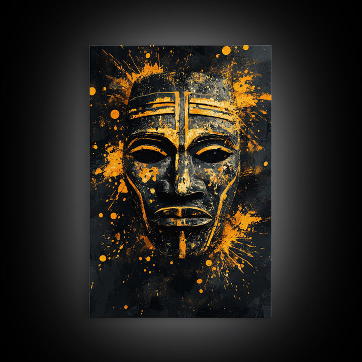 Bakongo Ritual Mask Gold Canvas Print, African Ethnic Face Art, Spiritual Tribal Wall Hanging Decor, Real Wood Frame
