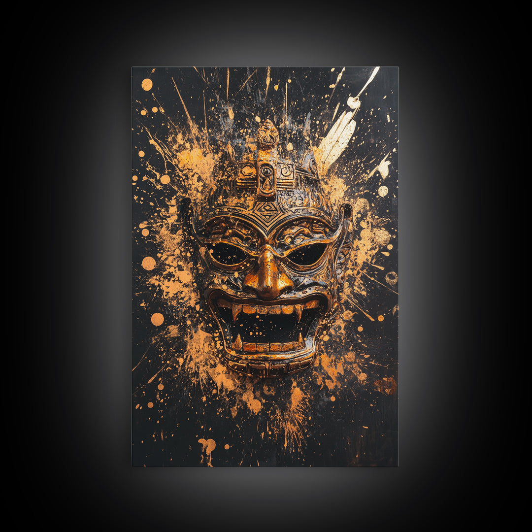 Balinese Demon Mask Gold Canvas Print, Ornate Tribal Face Art, Mythical Splatter Style Wall Decor, Real Wood Frame