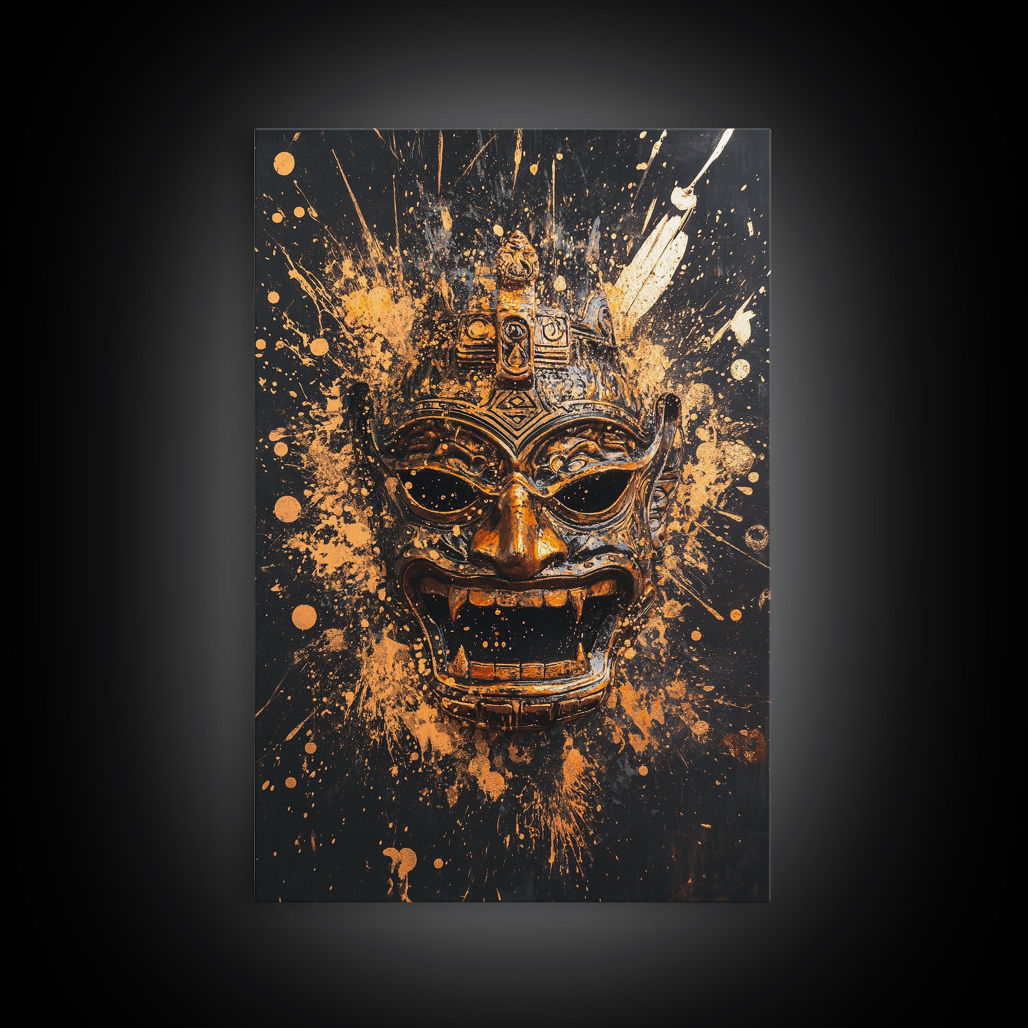 Balinese Demon Mask Gold Canvas Print, Ornate Tribal Face Art, Mythical Splatter Style Wall Decor, Real Wood Frame