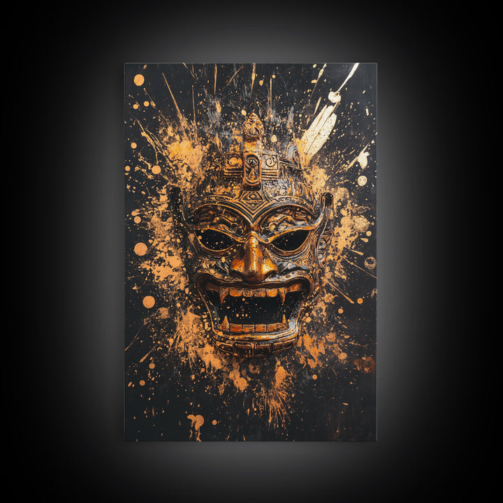 Balinese Demon Mask Gold Canvas Print, Ornate Tribal Face Art, Mythical Splatter Style Wall Decor, Real Wood Frame