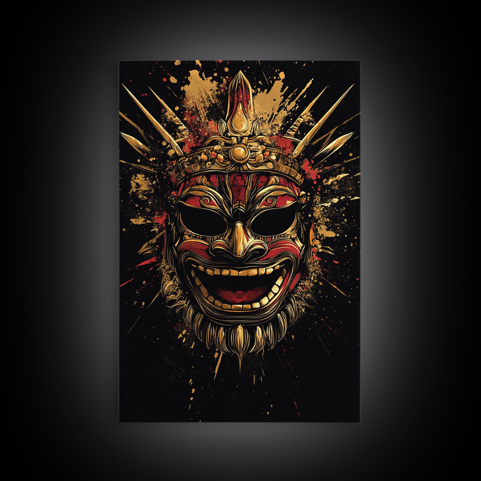 Balinese Guardian Mask Gold Canvas Print, Ornate Tribal Face Artwork, Cultural Ethnic Wall Decor, Real Wood Frame