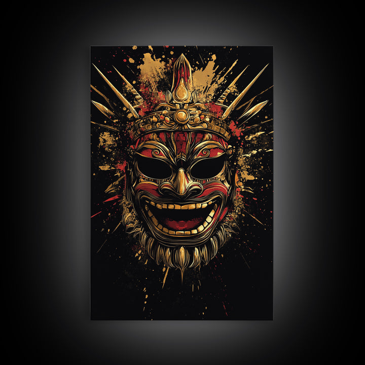 Balinese Guardian Mask Gold Canvas Print, Ornate Tribal Face Artwork, Cultural Ethnic Wall Decor, Real Wood Frame