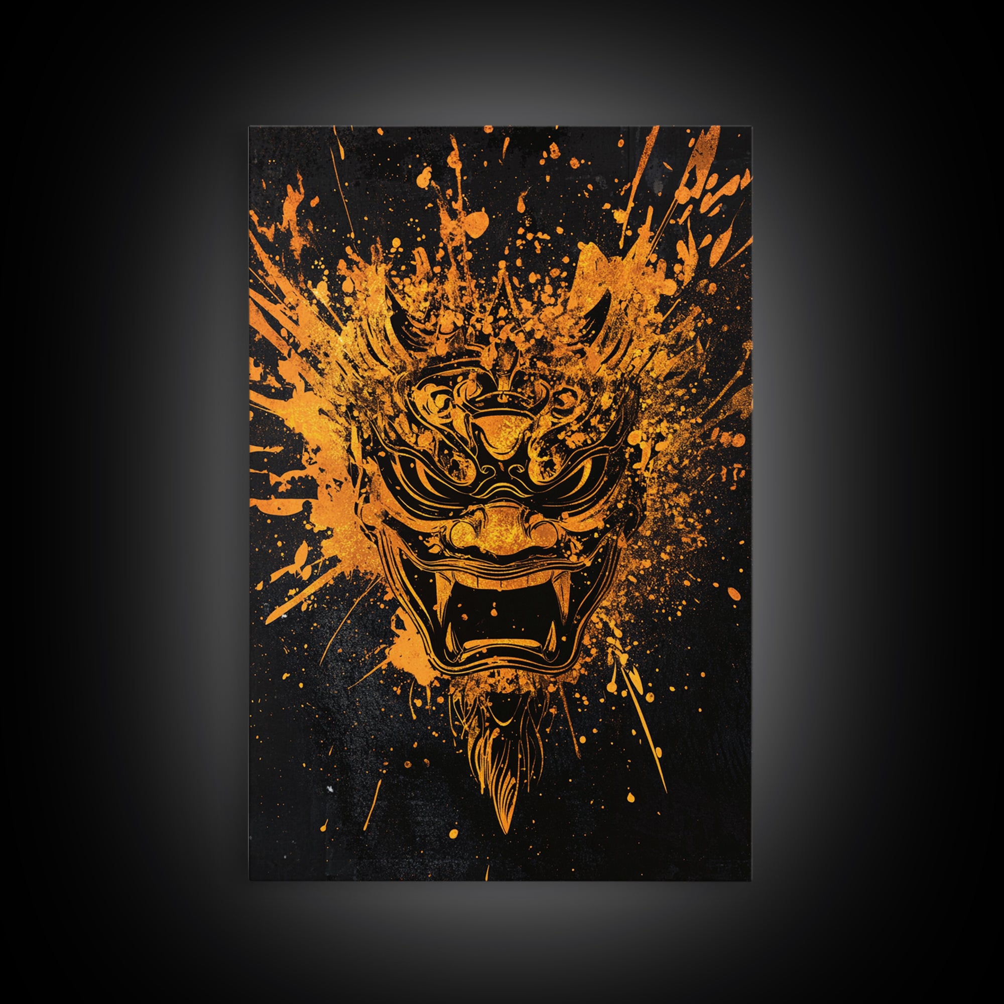 Balinese Spirit Mask Gold Canvas Print, Ornate Tribal Face Artwork, Cultural Mythic Wall Decor, Real Wood Frame