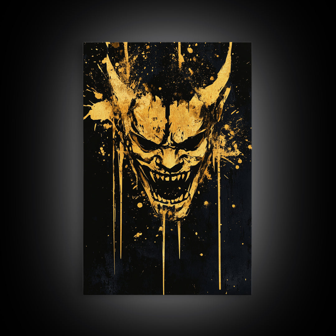 Demonic Splatter Mask Gold Canvas Print, Fierce Abstract Face Art, Bold Horror Inspired Wall Decor, Real Wood Frame