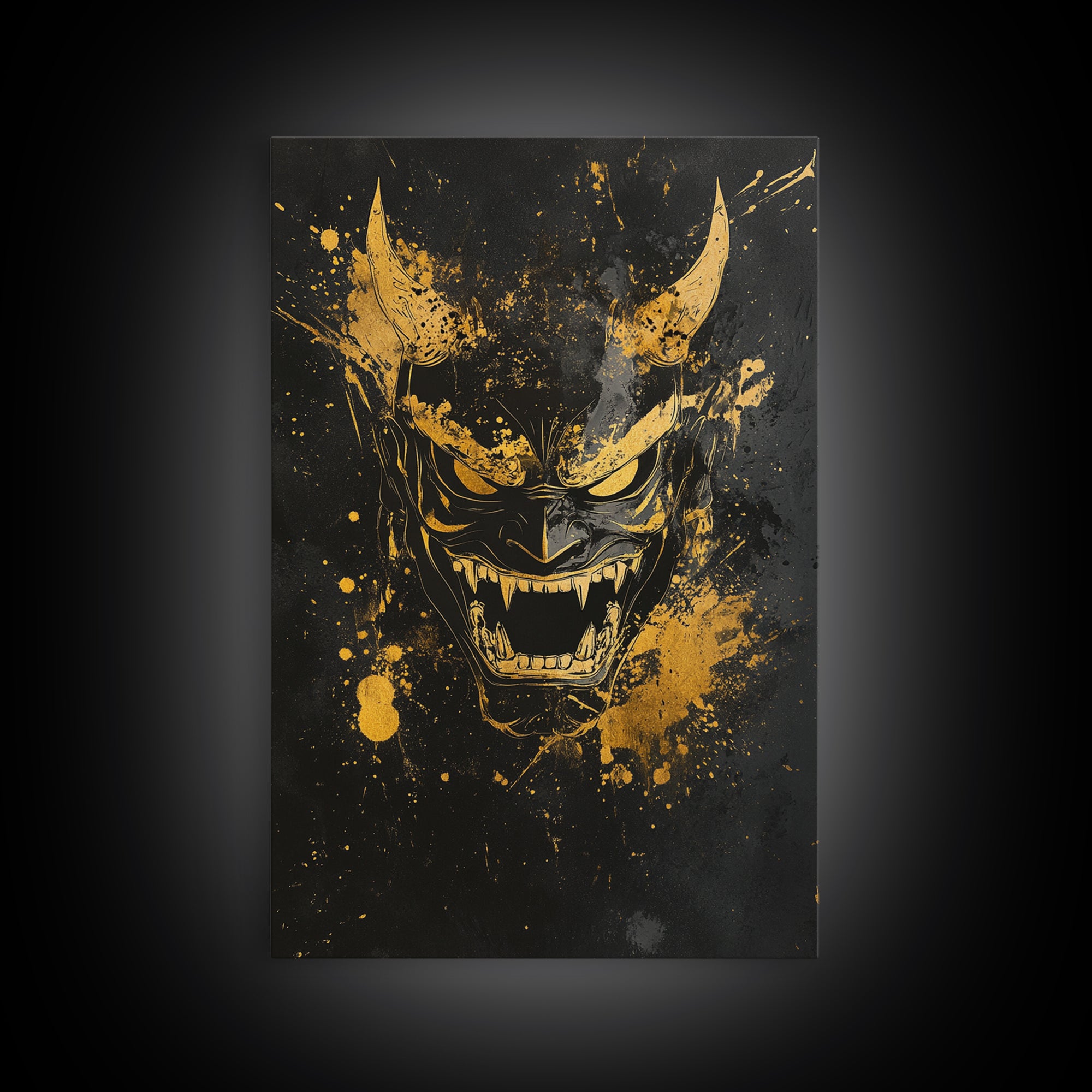 Oni Demon Mask Gold Canvas Print, Japanese Inspired Splatter Artwork, Fierce Mythical Wall Decor, Real Wood Frame