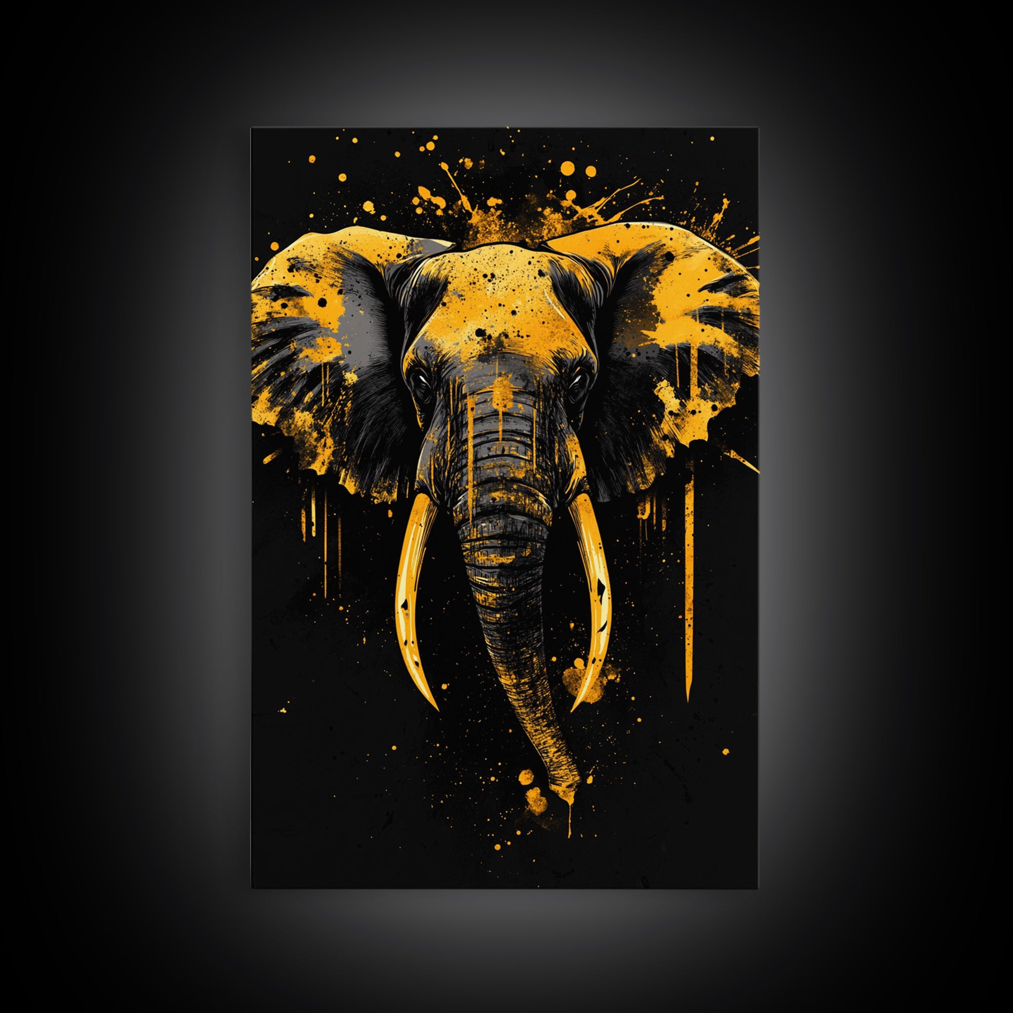 Elephant Head Gold Canvas Print, Splatter Style Wildlife Artwork, Majestic Animal Wall Decor, Real Wood Frame