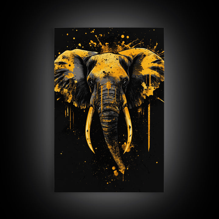 Elephant Head Gold Canvas Print, Splatter Style Wildlife Artwork, Majestic Animal Wall Decor, Real Wood Frame
