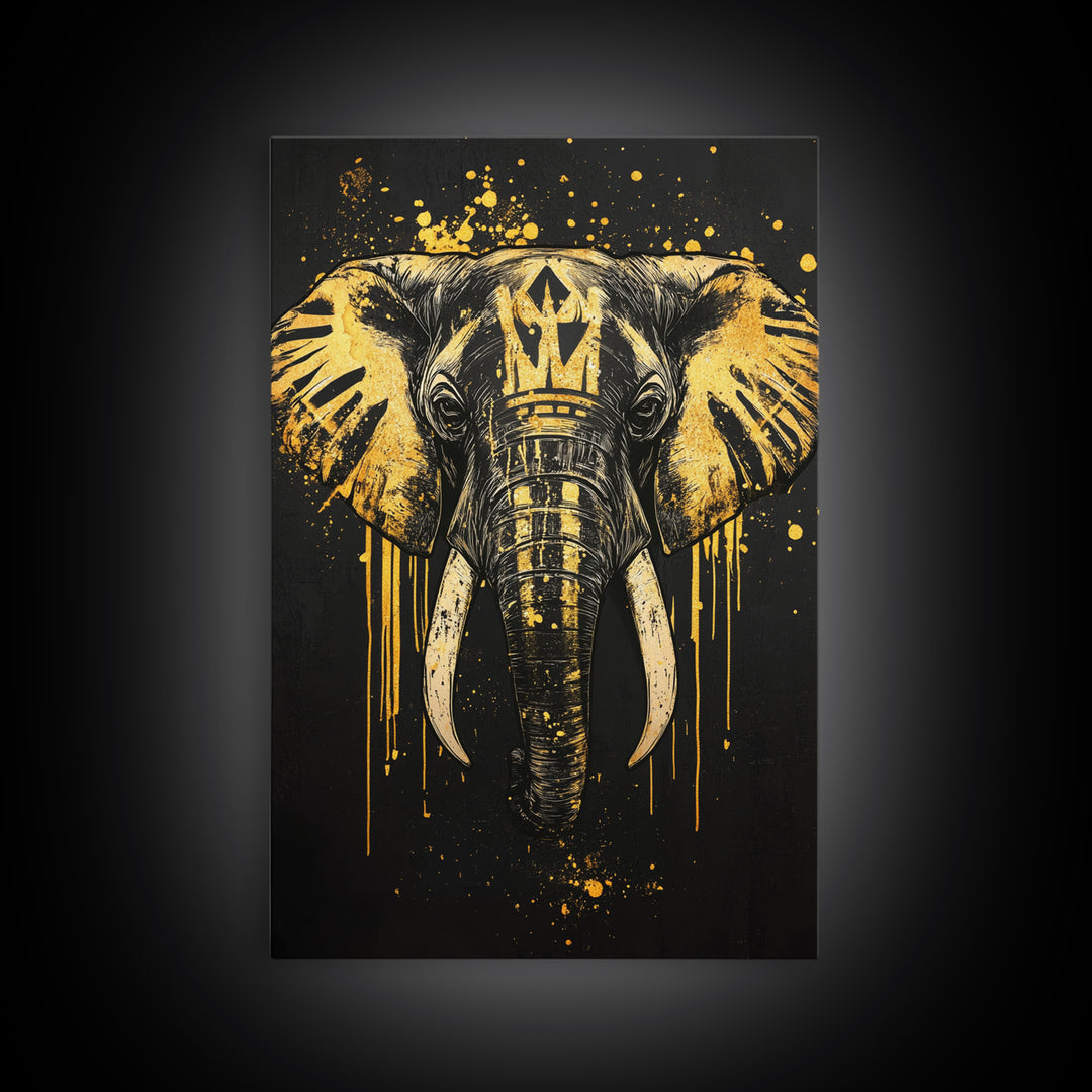 Royal Elephant Gold Canvas Print, Splatter Style Tribal Artwork, Majestic Animal Wall Decor, Real Wood Frame