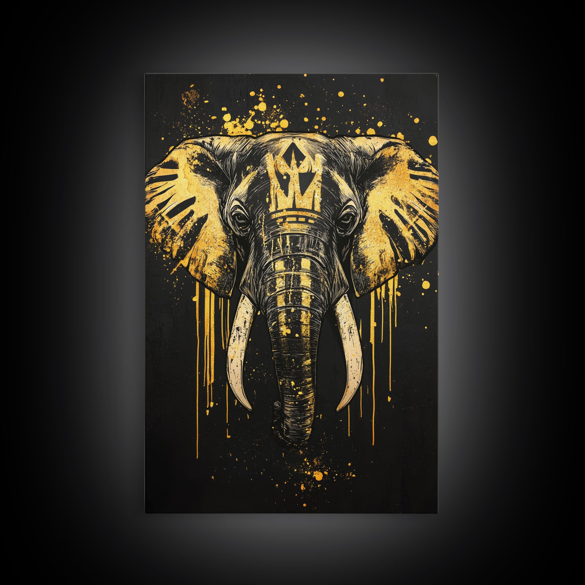 Royal Elephant Gold Canvas Print, Splatter Style Tribal Artwork, Majestic Animal Wall Decor, Real Wood Frame