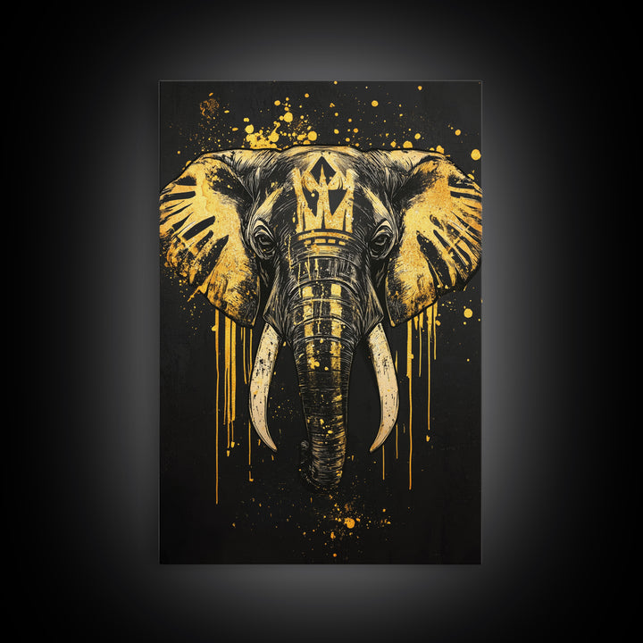 Royal Elephant Gold Canvas Print, Splatter Style Tribal Artwork, Majestic Animal Wall Decor, Real Wood Frame