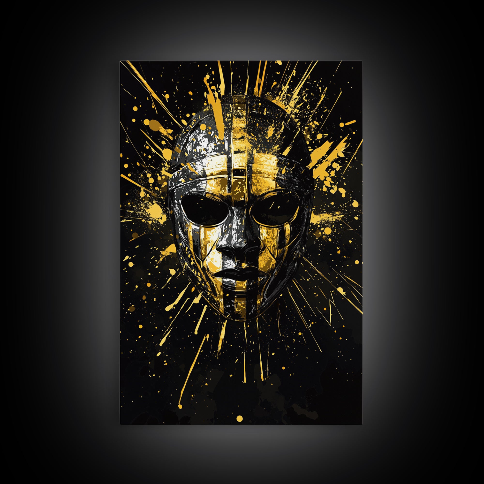 Ancient Warrior Mask Gold Canvas Print, Ornate Tribal Face Artwork, Bold Splatter Style Wall Decor, Real Wood Frame
