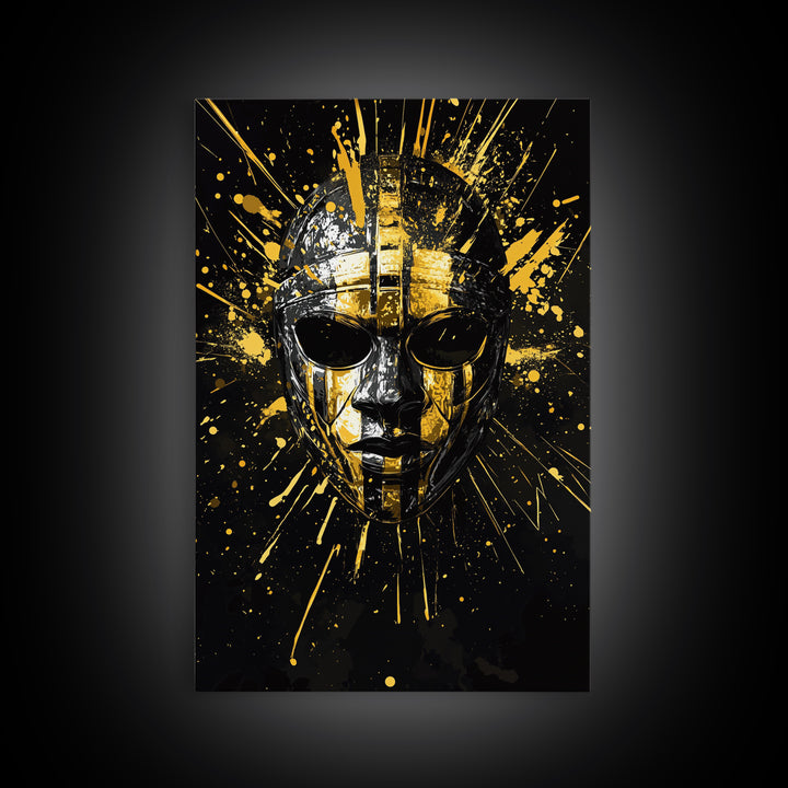 Ancient Warrior Mask Gold Canvas Print, Ornate Tribal Face Artwork, Bold Splatter Style Wall Decor, Real Wood Frame