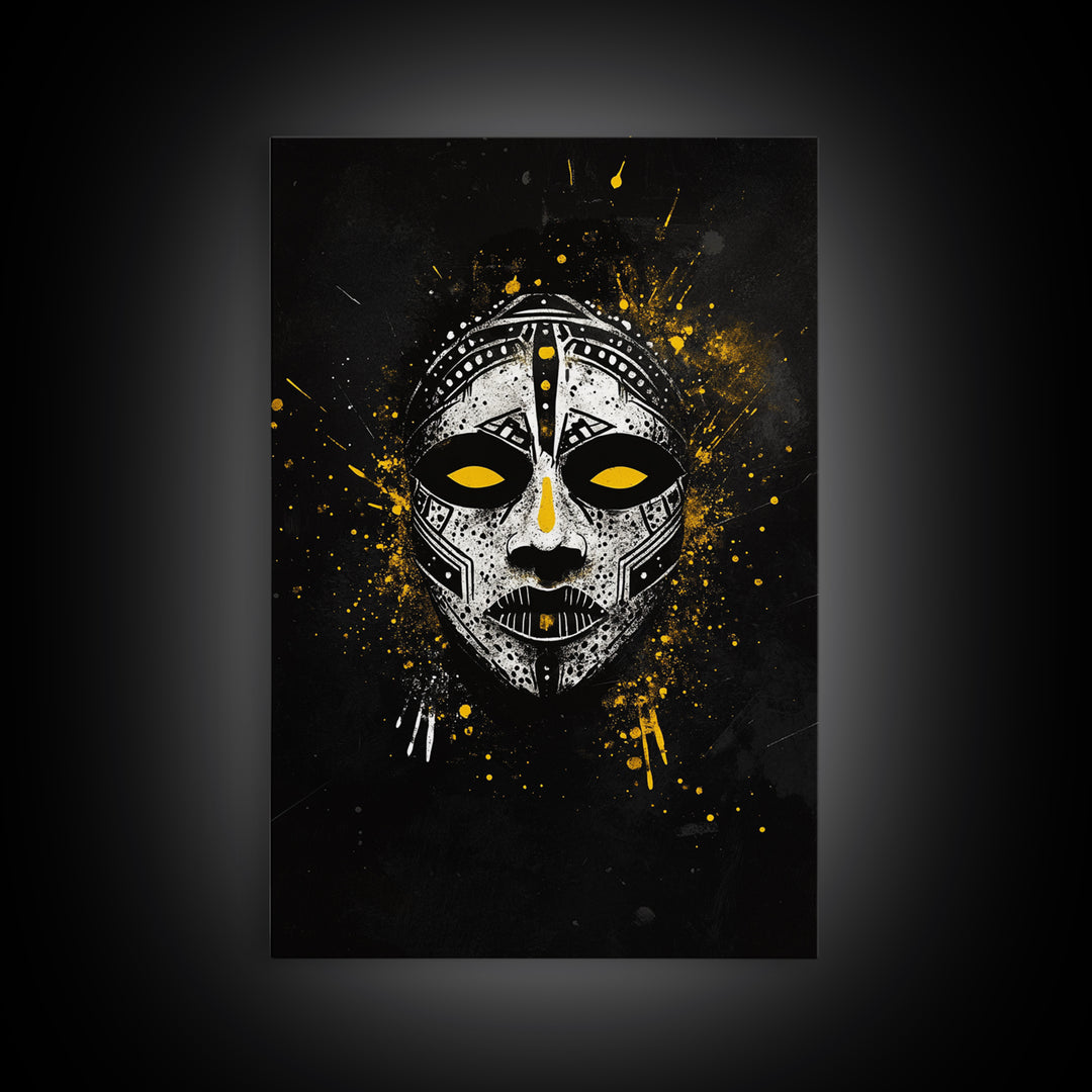 Tribal Painted Mask Gold Canvas Print, Ethnic Face Artwork, Bold Splatter Ink Wall Hanging Decor, Real Wood Frame