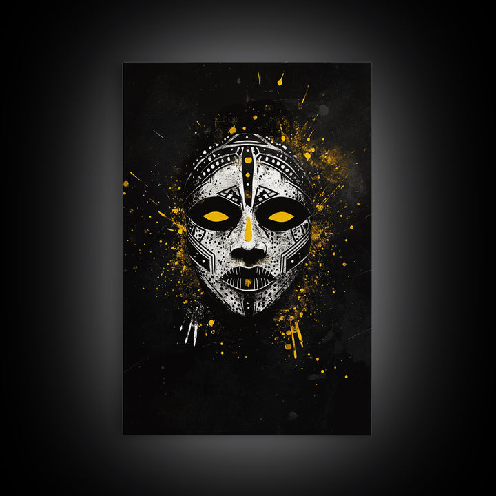 Tribal Painted Mask Gold Canvas Print, Ethnic Face Artwork, Bold Splatter Ink Wall Hanging Decor, Real Wood Frame
