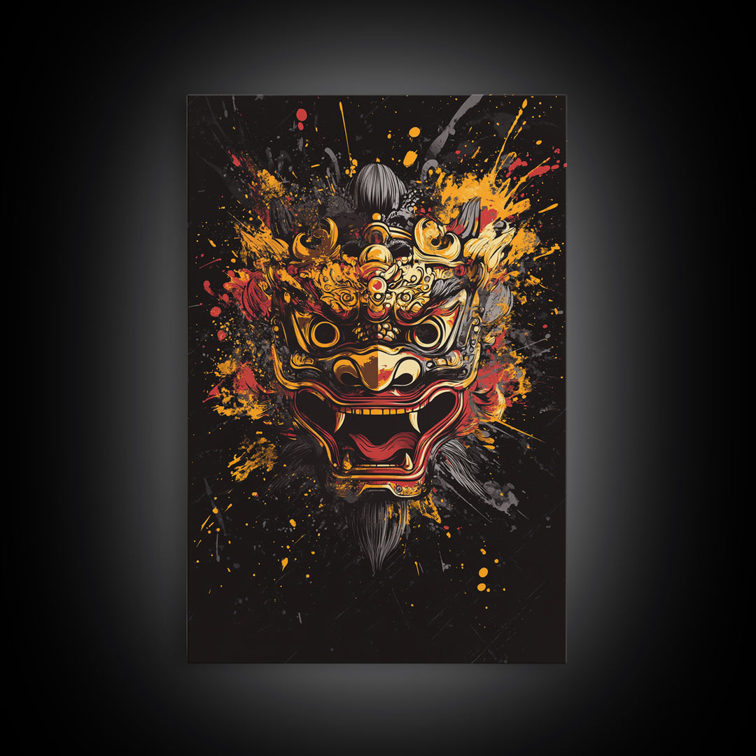 Barong Mythical Mask Gold Canvas Print, Ornate Balinese Face Artwork, Cultural Splatter Wall Decor, Real Wood Frame