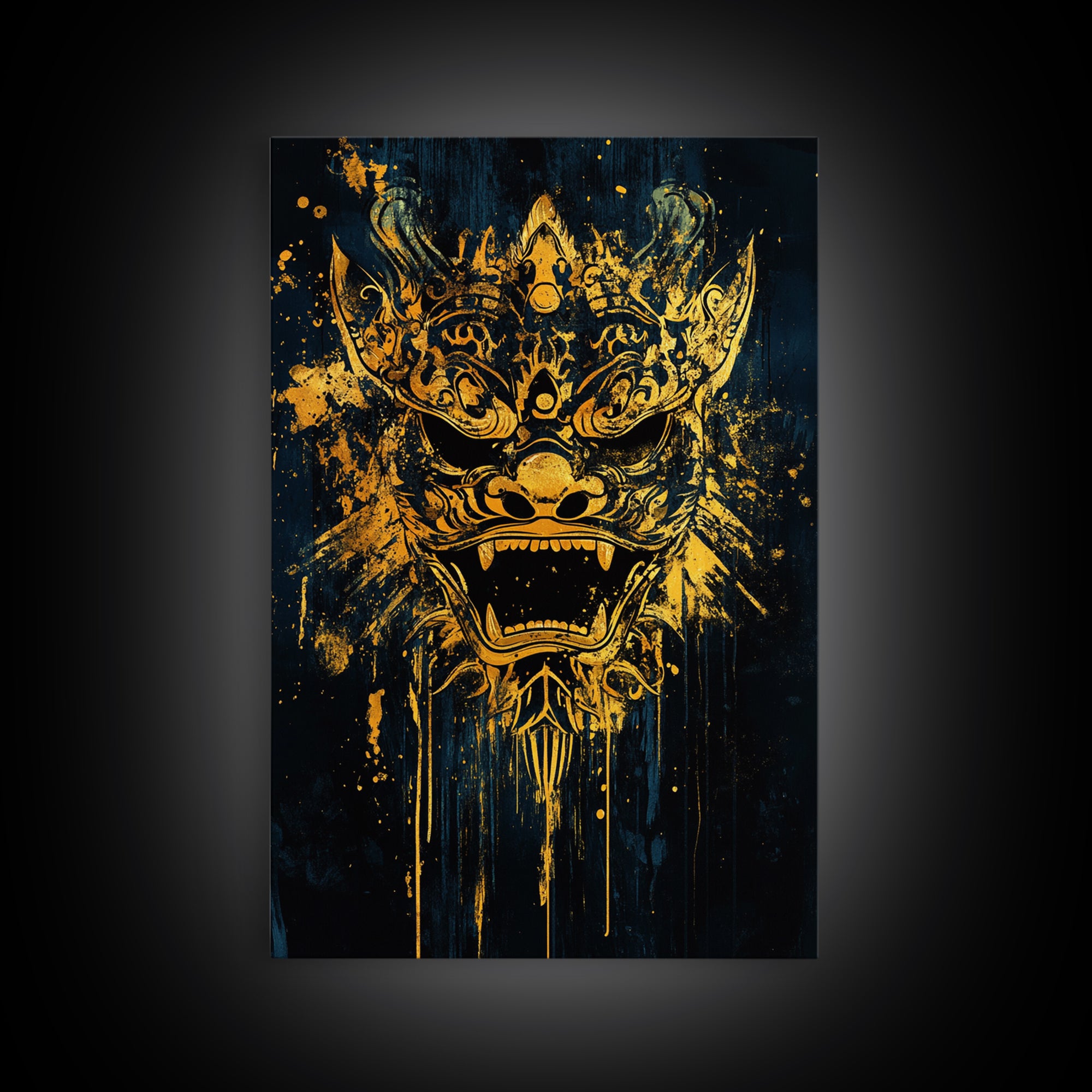 Balinese Barong Mask Gold Canvas Print, Ornate Spiritual Face Artwork, Mythic Cultural Wall Decor, Real Wood Frame