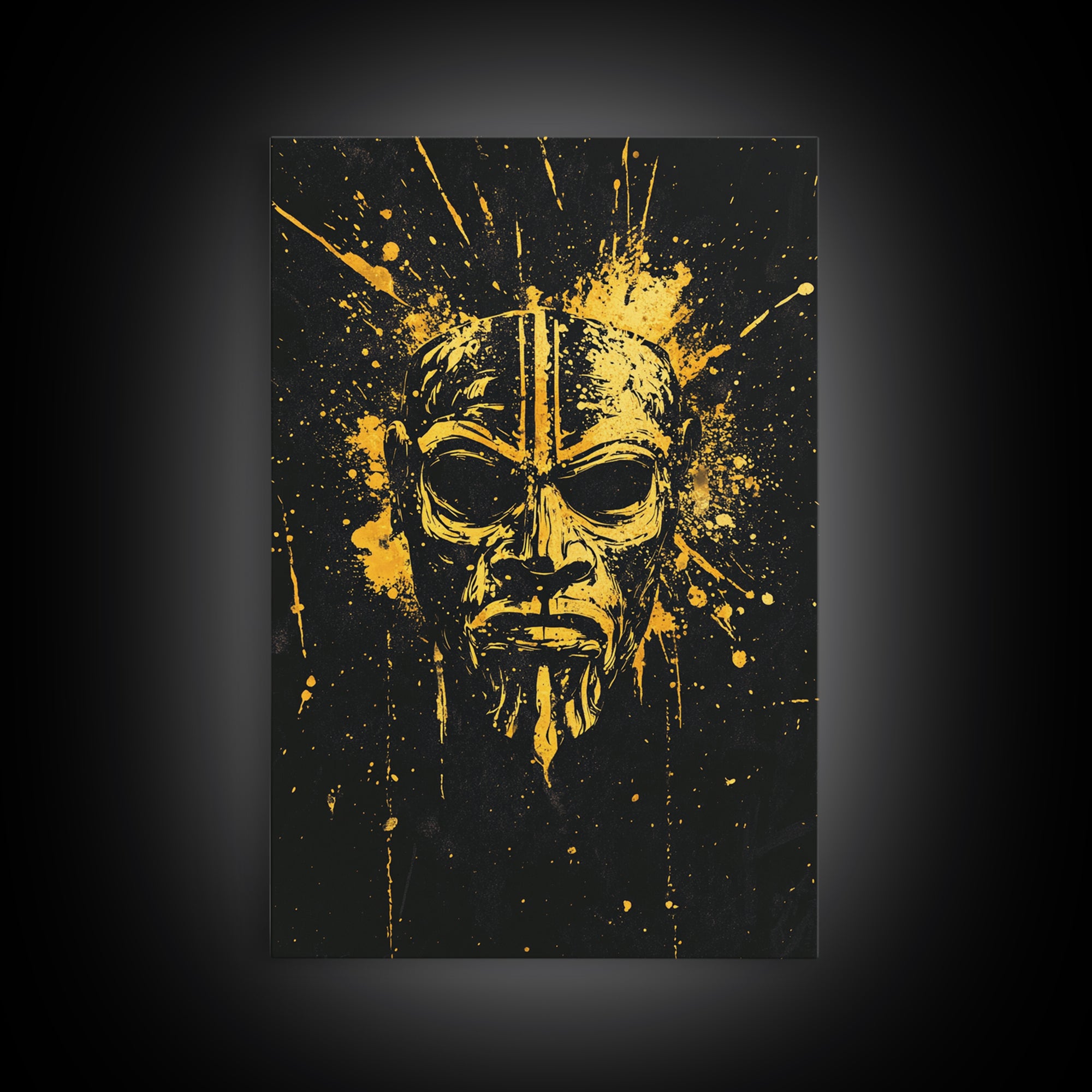 Batak Tribal Mask Gold Canvas Print, Ornate Ethnic Face Artwork, Ancient Cultural Wall Hanging Decor, Real Wood Frame