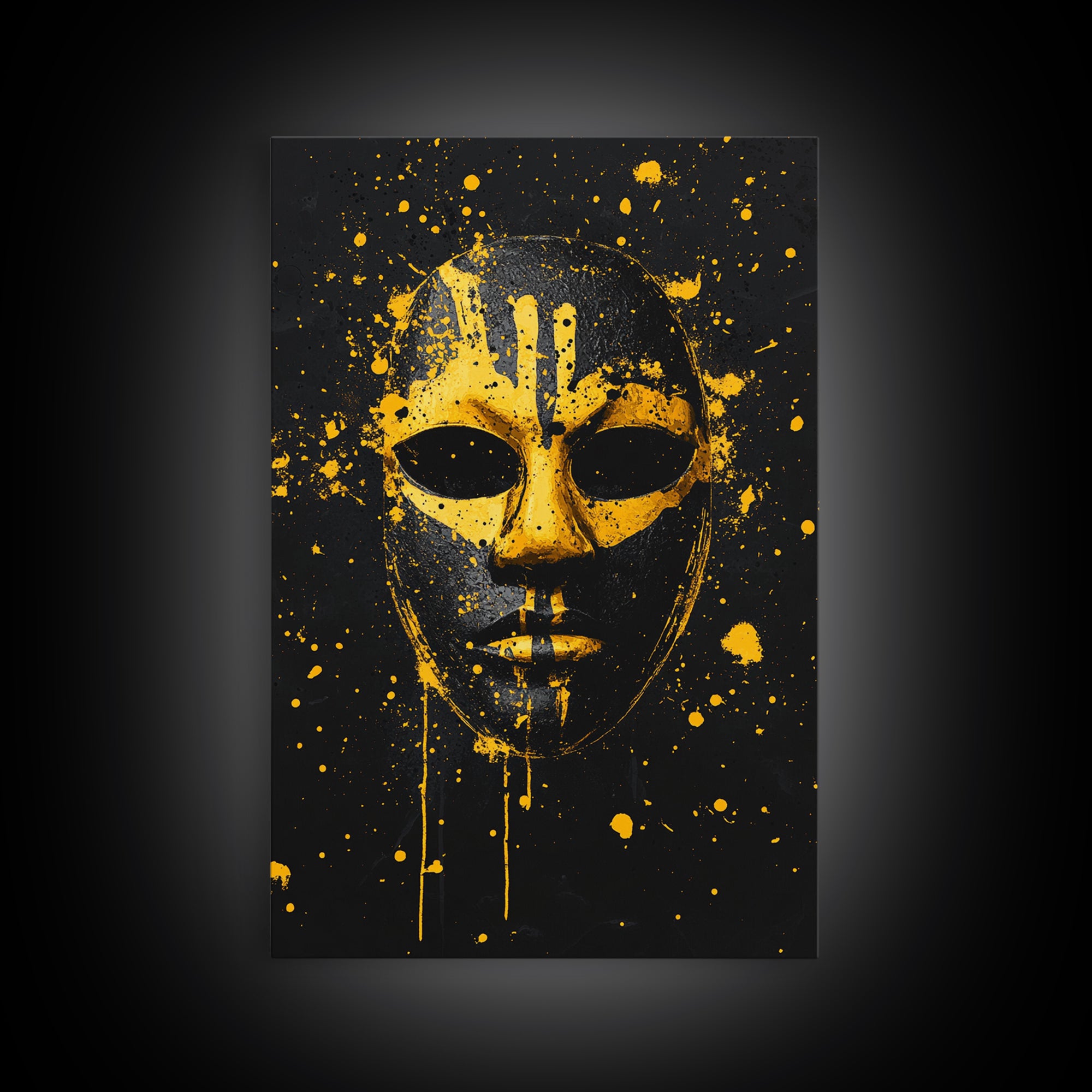 Abstract Splatter Mask Gold Canvas Print, Tribal Face Wall Art, Bold Modern Mask Artwork, Real Wood Frame Home Decor