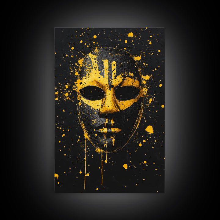 Abstract Splatter Mask Gold Canvas Print, Tribal Face Wall Art, Bold Modern Mask Artwork, Real Wood Frame Home Decor