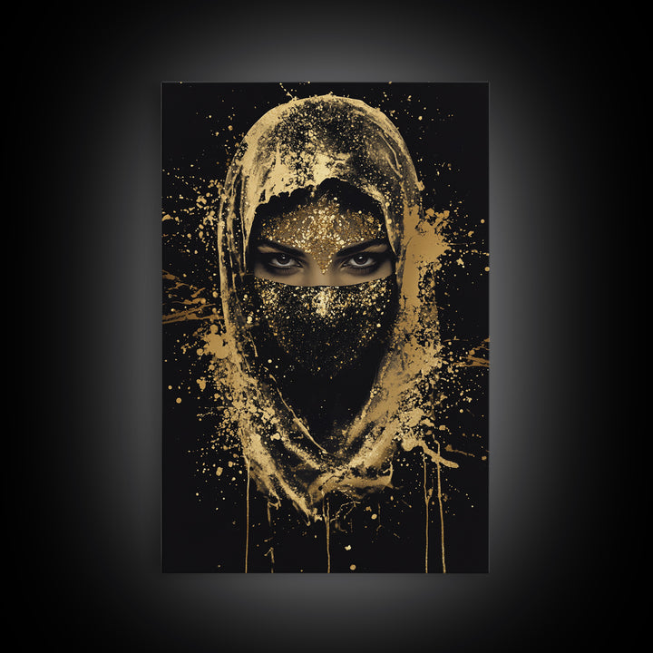 Mystical Veiled Woman Gold Canvas Print, Splatter Style Portrait Art, Ethereal Female Artwork, Real Wood Frame Wall Decor