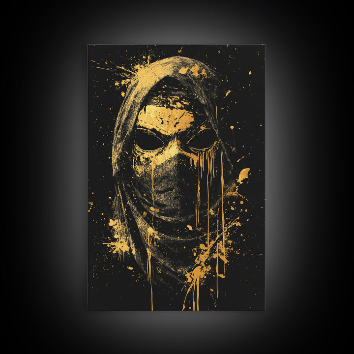 Hooded Tribal Figure Gold Canvas Print, Splatter Style Mask Art, Spiritual Warrior Artwork, Real Wood Frame Bold Wall Decor
