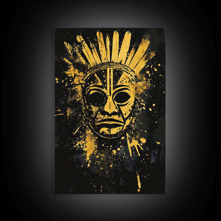 Feathered Tribal Mask Gold Canvas Print, Ancestral Face Art, Splatter Style Ethnic Wall Hanging, Real Wood Frame Artwork