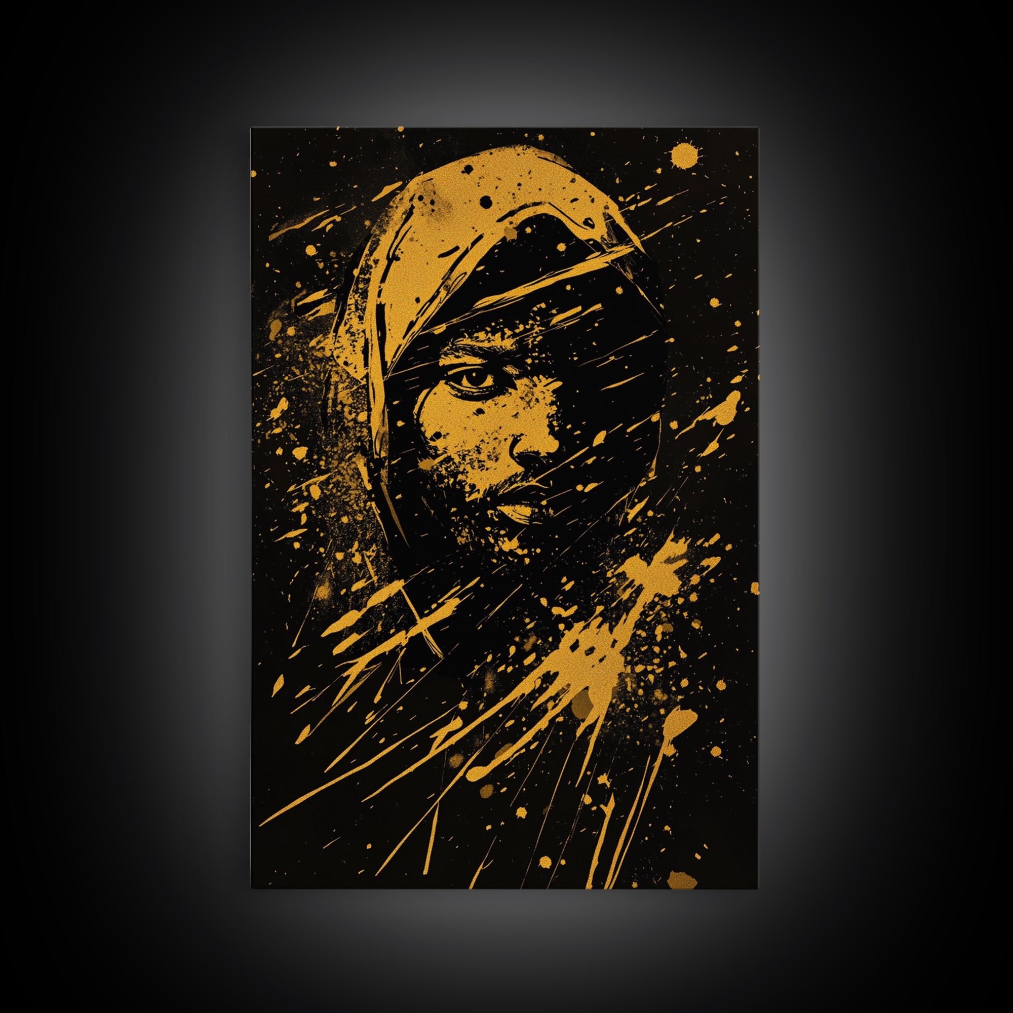 Golden Veiled Portrait Gold Canvas Print, Abstract Female Art, Splatter Style Ethereal Face Artwork, Real Wood Frame Decor
