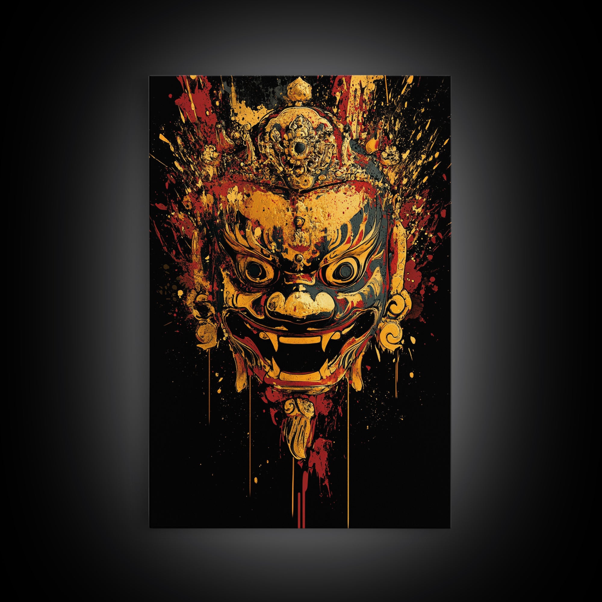 Fierce Mythic Mask Gold Canvas Print, Splatter Style Tribal Face Art, Bold Ancestral Artwork, Real Wood Frame Wall Hanging