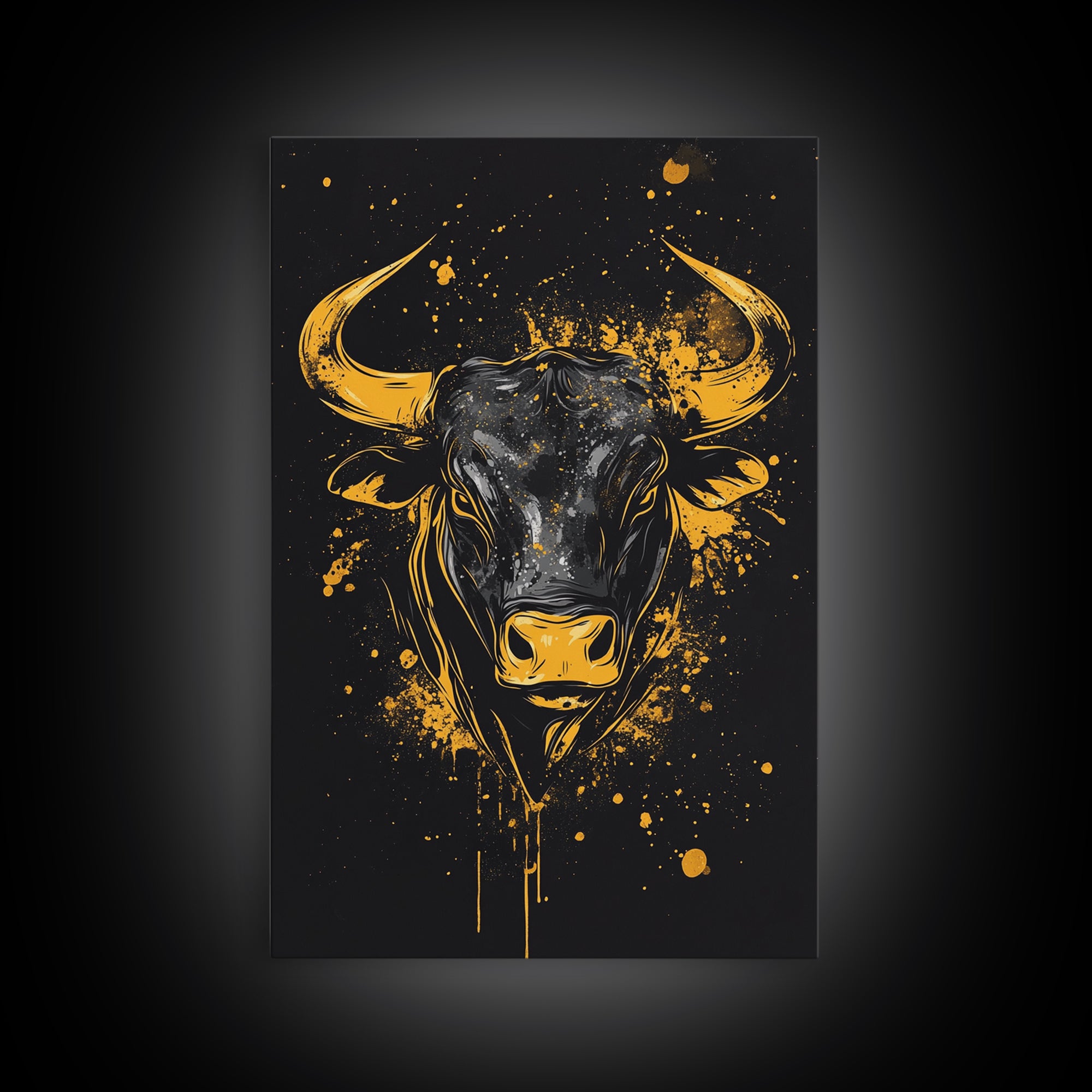 Powerful Bull Head Gold Canvas Print, Abstract Splatter Animal Art, Bold Strength Symbol Artwork, Real Wood Frame Wall Decor