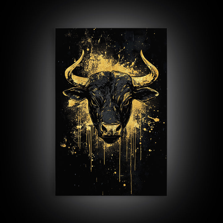 Majestic Bull Portrait Gold Canvas Print, Tribal Splatter Animal Artwork, Strong Symbolic Wall Art, Real Wood Frame Decor