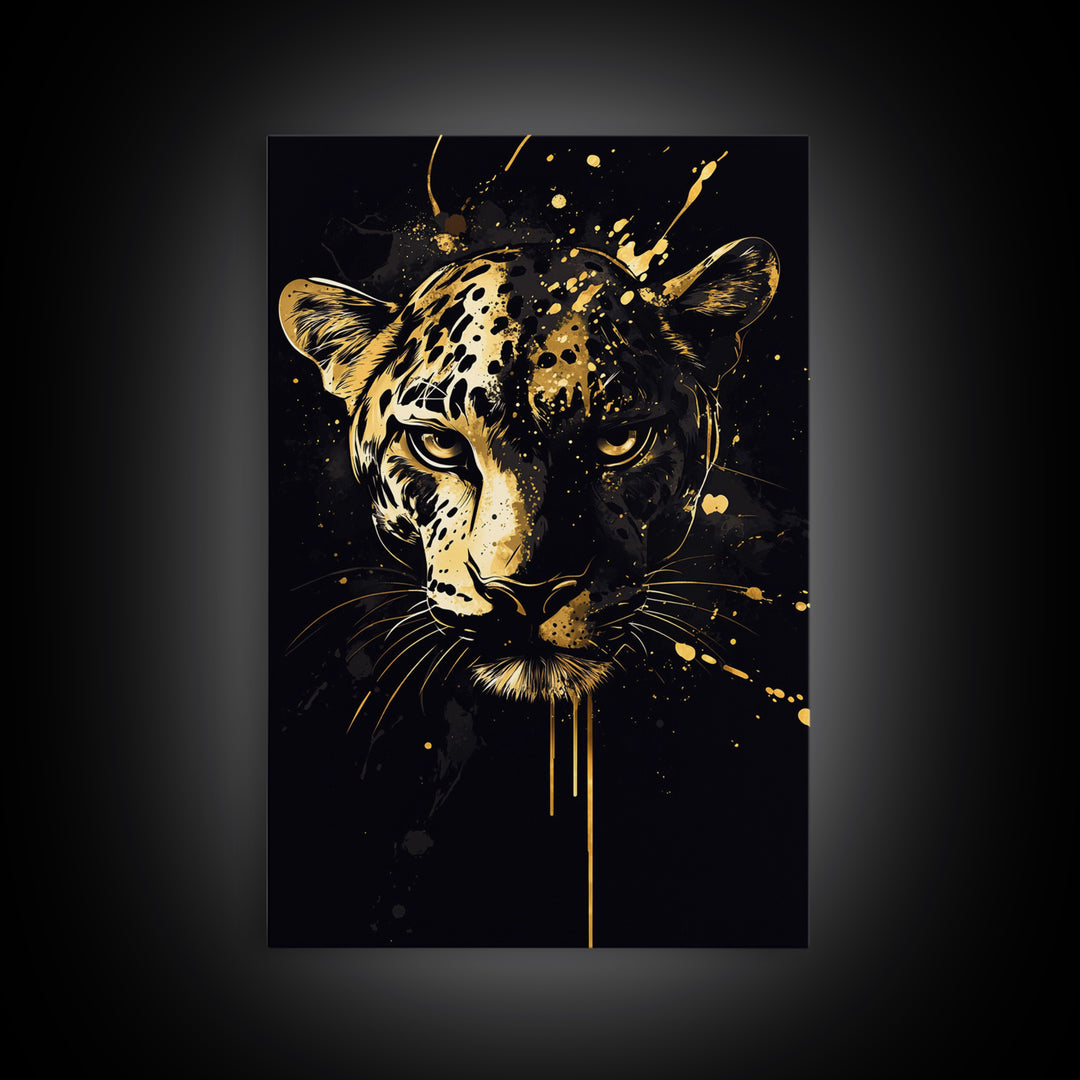 Wild Leopard Face Gold Canvas Print, Bold Animal Portrait Art, Tribal Splatter Style Wall Artwork, Real Wood Frame Home Decor