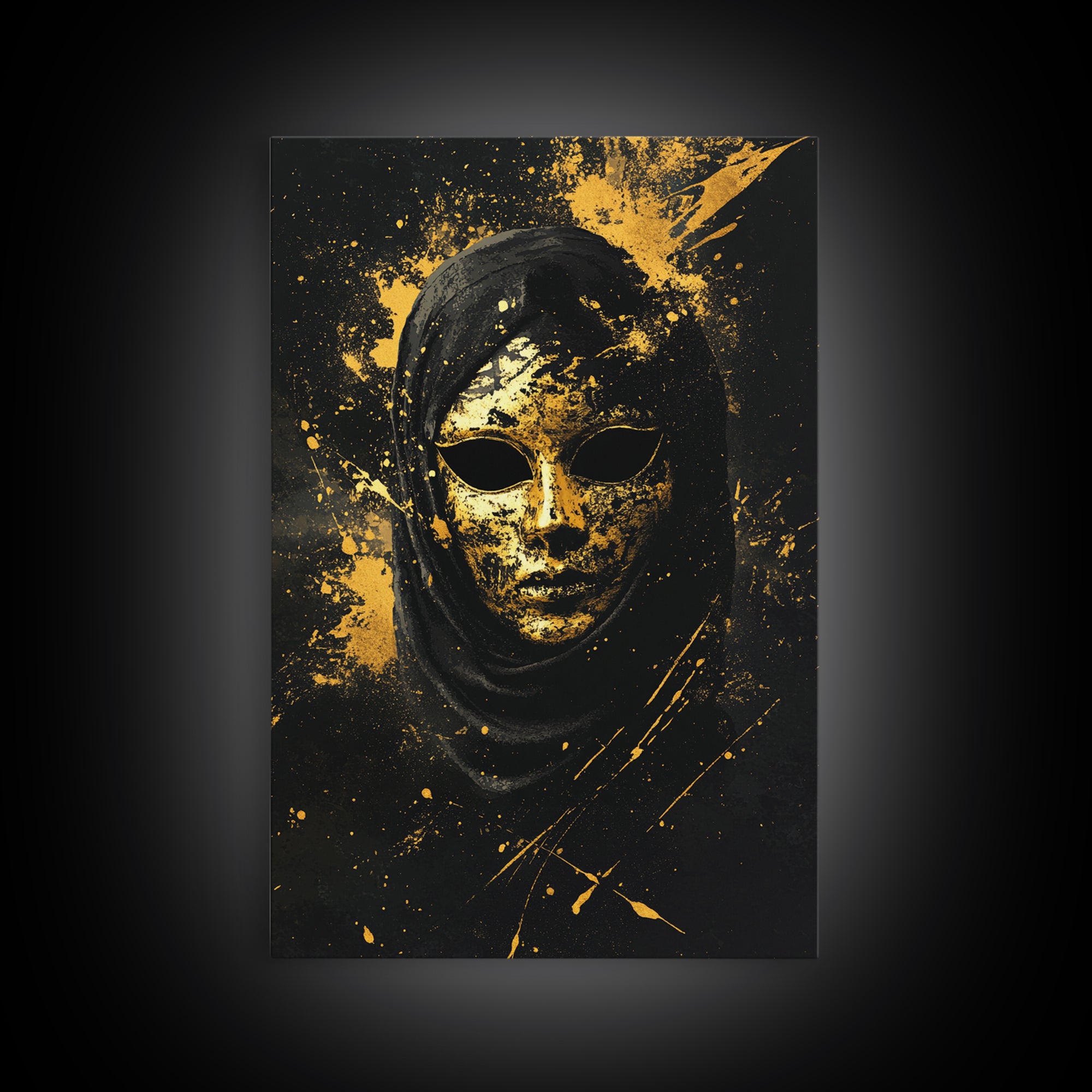 Mysterious Veiled Mask Gold Canvas Print, Splatter Style Female Portrait, Abstract Ethereal Face Artwork, Real Wood Frame Decor
