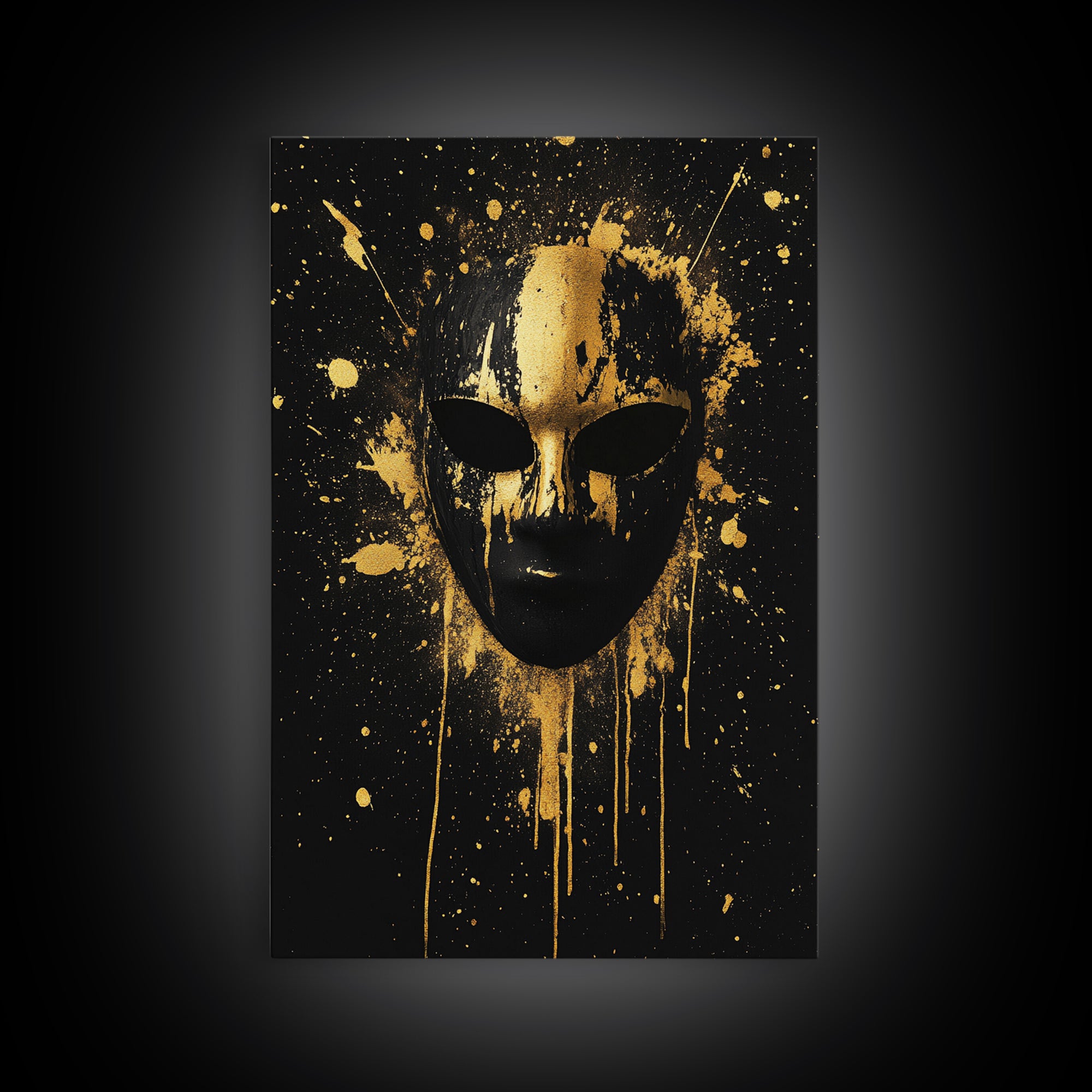 Abstract Splatter Mask Gold Canvas Print, Bold Modern Face Art, Tribal Inspired Wall Decor, Real Wood Frame