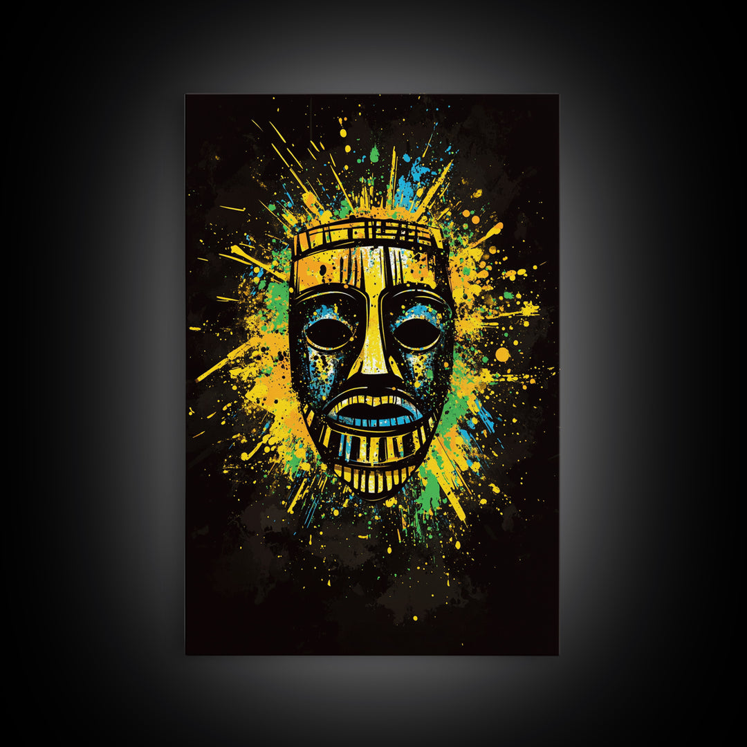 Vibrant Tribal Mask Gold Canvas Art, Ethnic Splatter Style Face Print, Colorful Abstract Wall Decor, Real Wood Frame