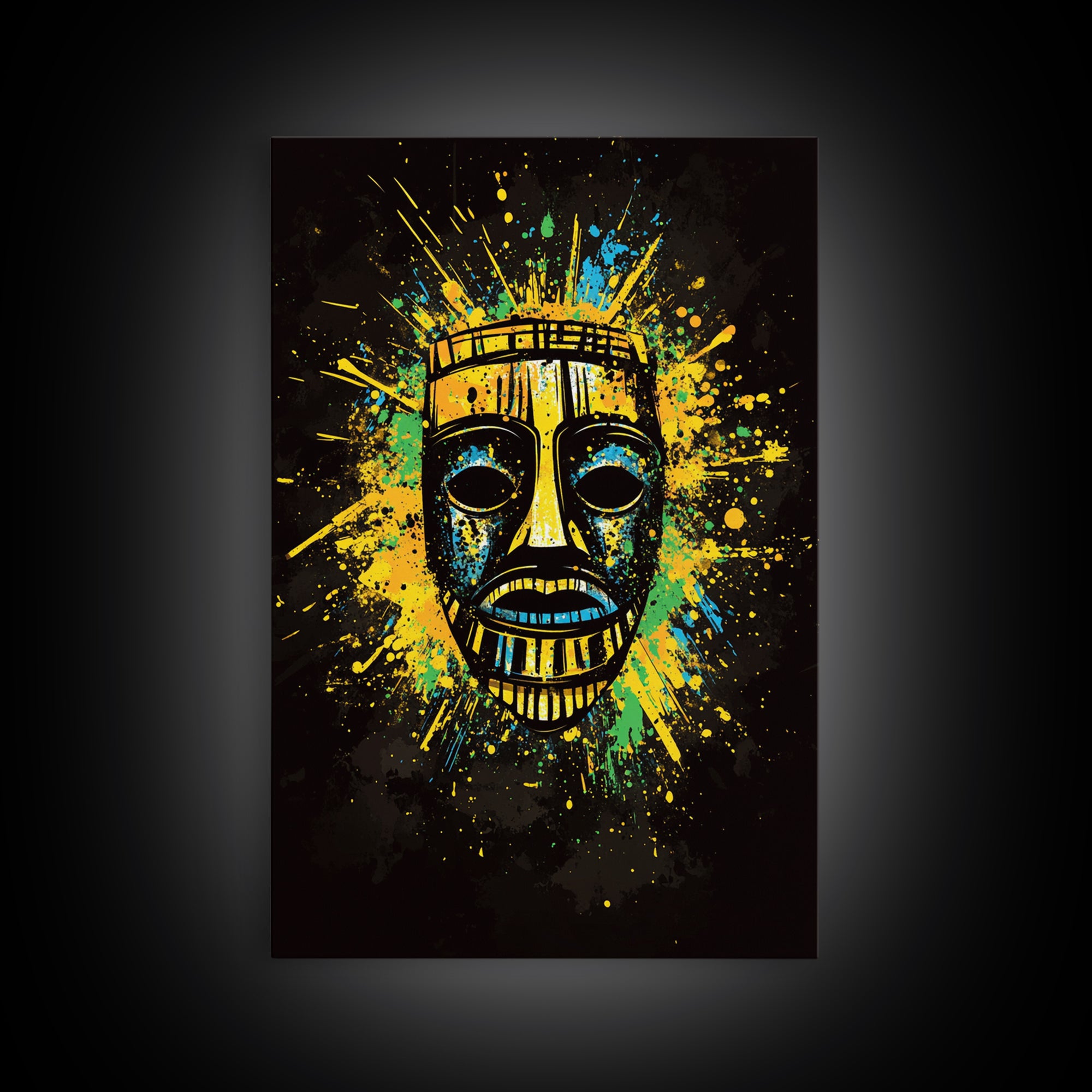 Vibrant Tribal Mask Gold Canvas Art, Ethnic Splatter Style Face Print, Colorful Abstract Wall Decor, Real Wood Frame