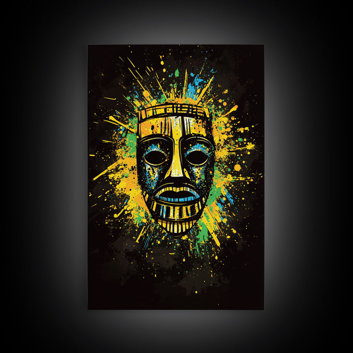 Vibrant Tribal Mask Gold Canvas Art, Ethnic Splatter Style Face Print, Colorful Abstract Wall Decor, Real Wood Frame