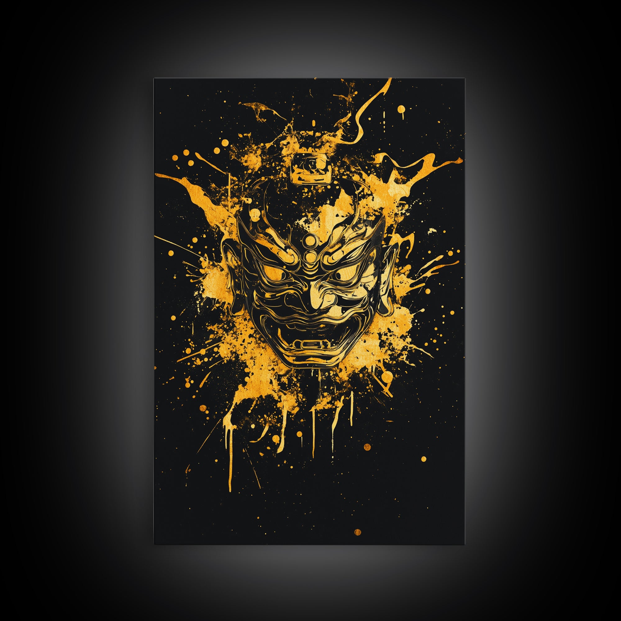 Oni Demon Mask Gold Canvas Print, Japanese Mythology Inspired Art, Splatter Style Wall Decor, Real Wood Frame