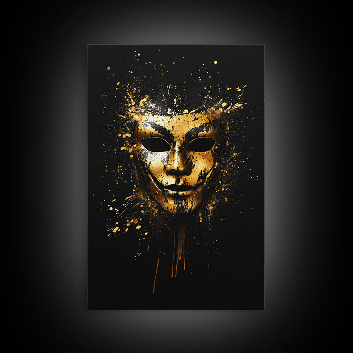 Abstract Painted Mask Gold Canvas Print, Modern Face Art, Bold Splatter Style Wall Decoration, Real Wood Frame