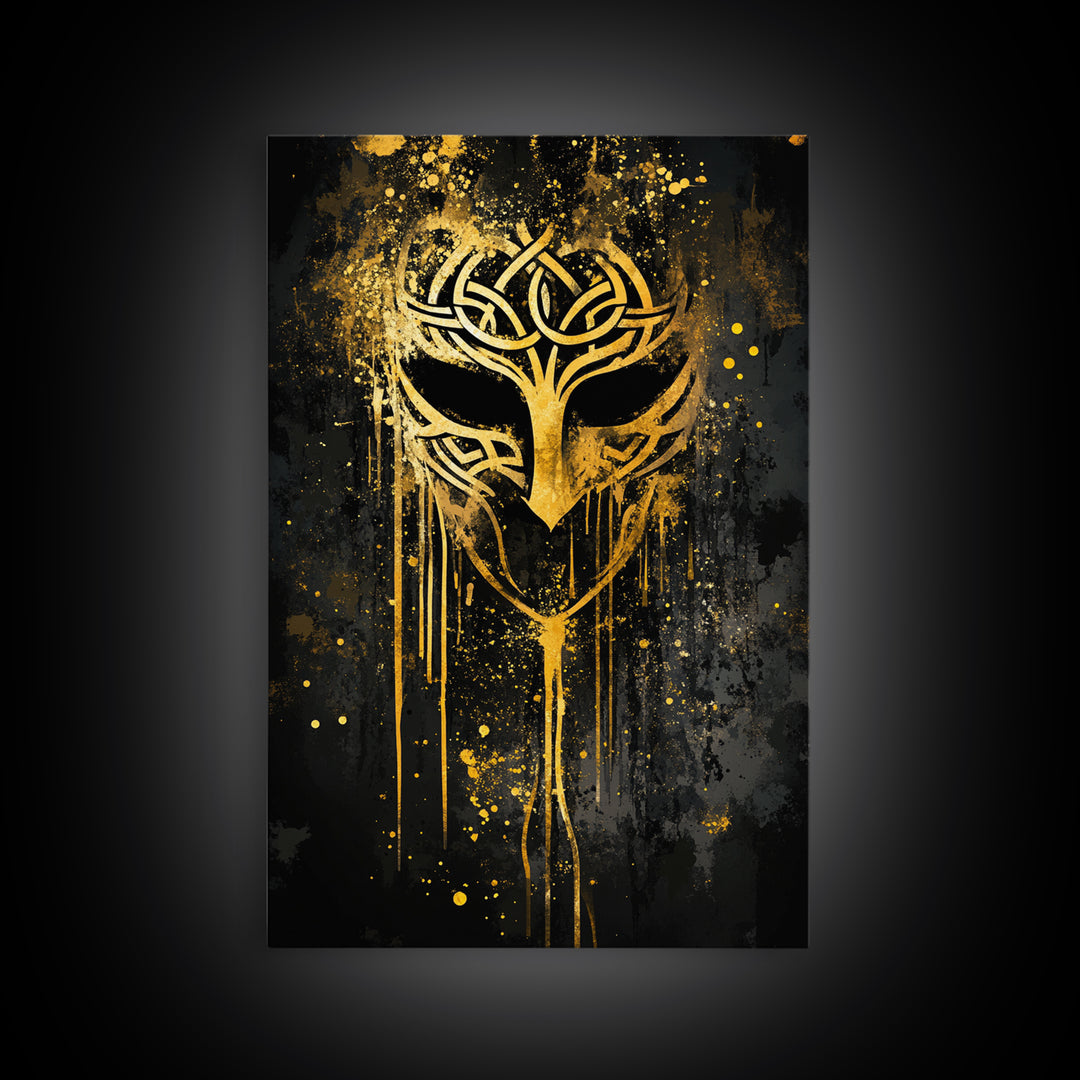 Celtic Knot Mask Gold Canvas Art, Intricate Tribal Inspired Design, Abstract Splatter Wall Decor, Real Wood Frame