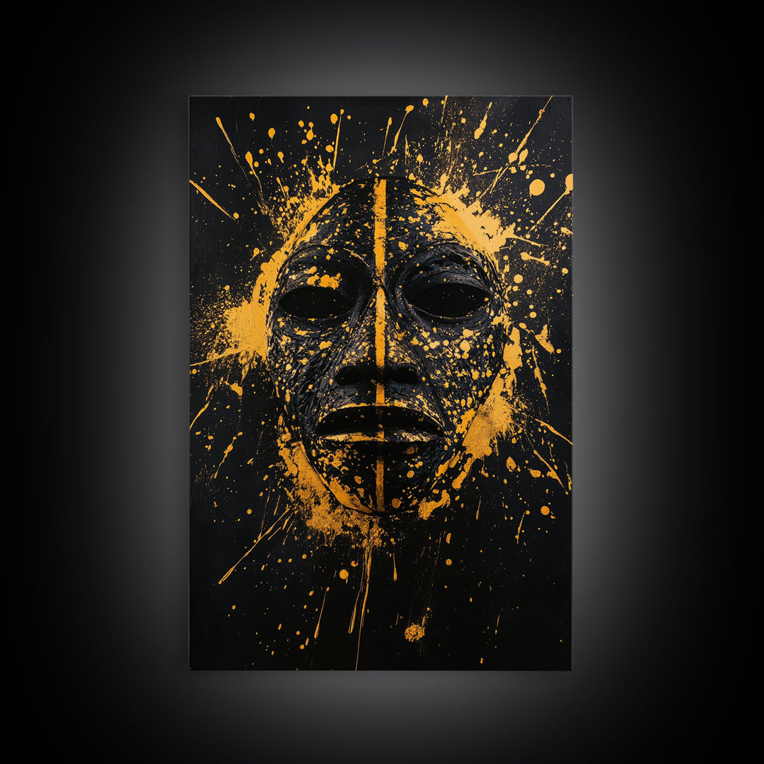 African Tribal Mask Gold Canvas Print, Bold Face Art, Splatter Style Ethnic Wall Decoration, Real Wood Frame