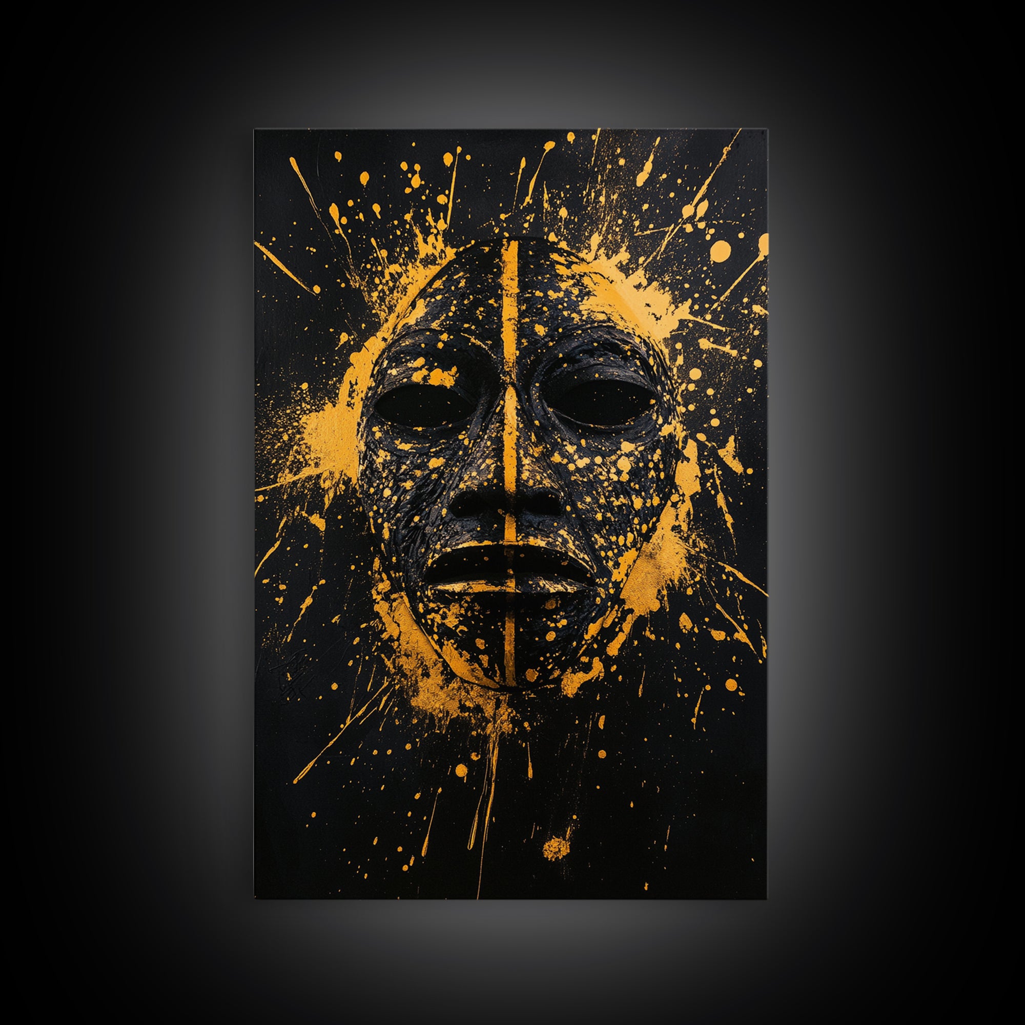 African Tribal Mask Gold Canvas Print, Bold Face Art, Splatter Style Ethnic Wall Decoration, Real Wood Frame