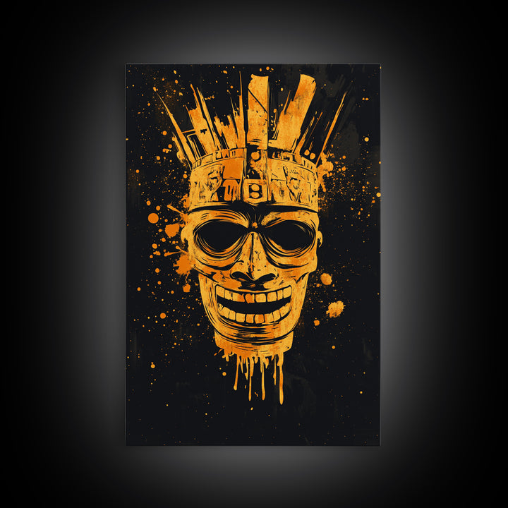 Ancient Warrior Mask Gold Canvas Print, Tribal Armor Inspired Face Art, Bold Splatter Wall Decor, Real Wood Frame