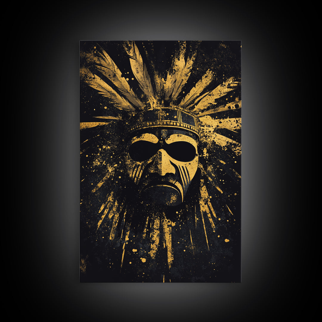 Aztec Sun Mask Gold Canvas Print, Tribal Inspired Ancient Face Art, Splatter Style Wall Decor, Real Wood Frame