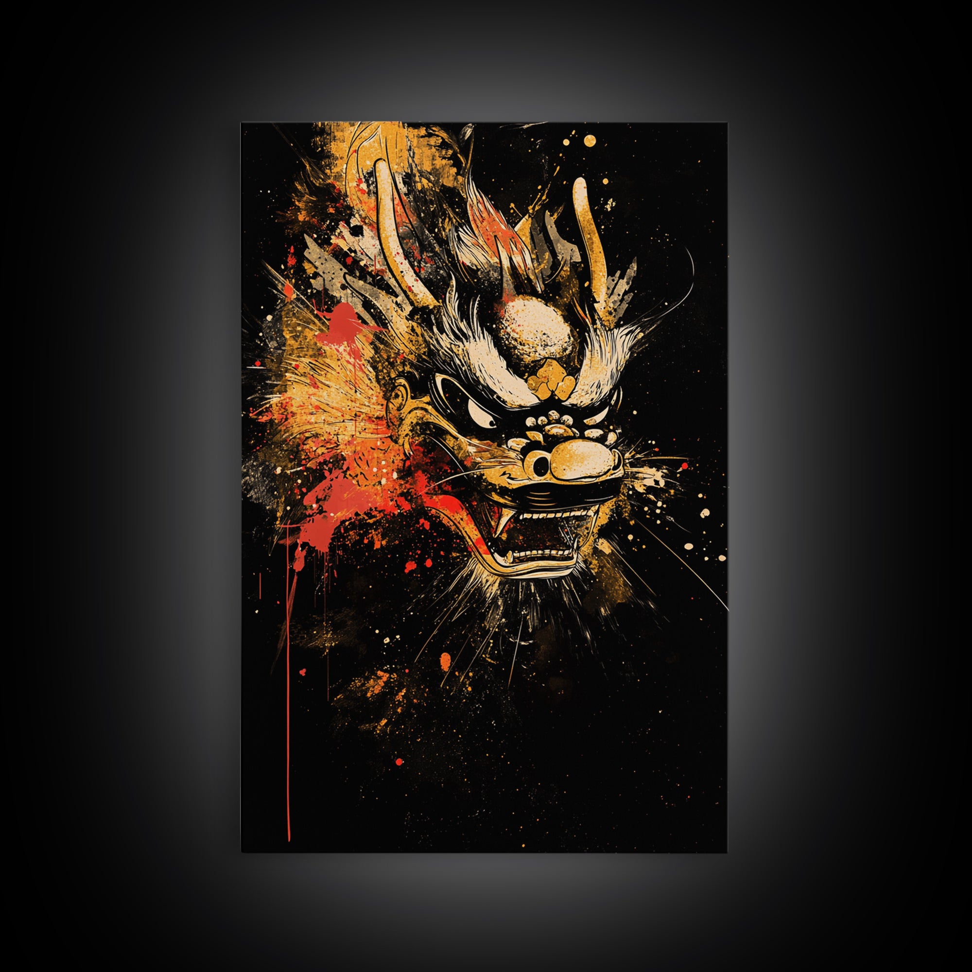 Native Headdress Mask Gold Canvas Art, Tribal Inspired Splatter Face Print, Bold Ethnic Wall Decor, Real Wood Frame