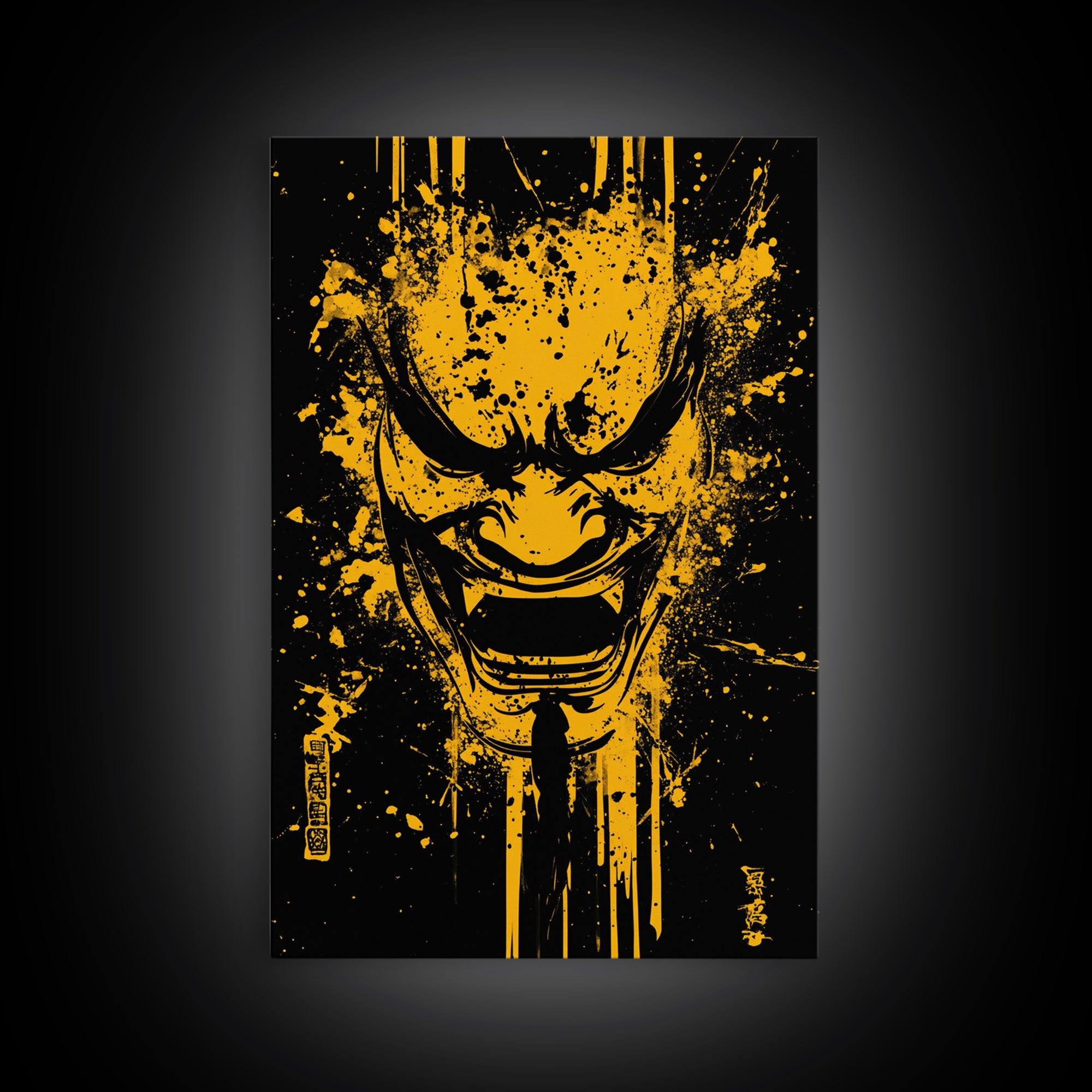 Mythic Dragon Mask Gold Canvas Print, Asian Inspired Splatter Style Art, Fierce Wall Decoration, Real Wood Frame
