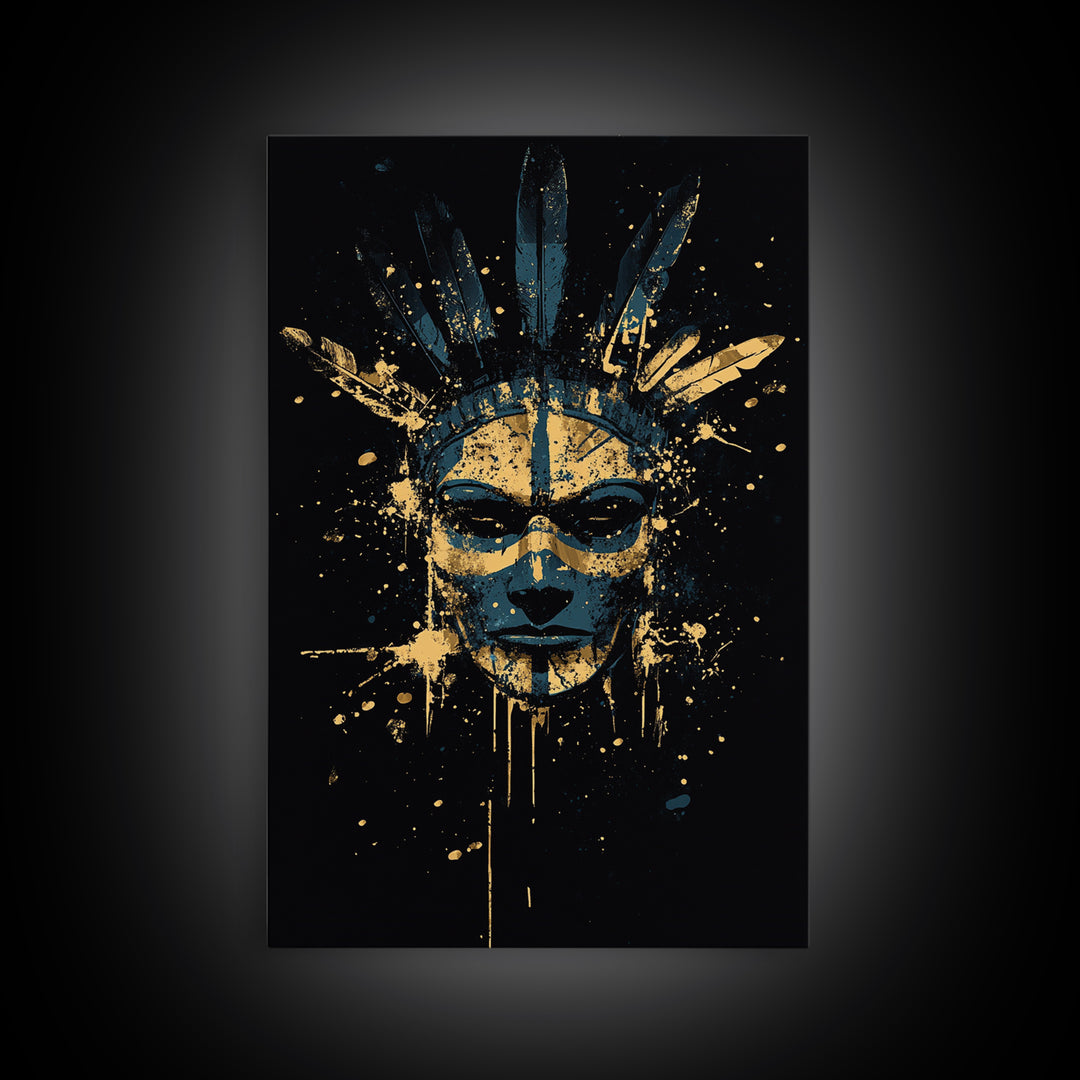 Tribal Feather Mask Gold Canvas Print, Abstract Splatter Mask Wall Art, Real Wood Frame, Modern Ethnic Home Decor