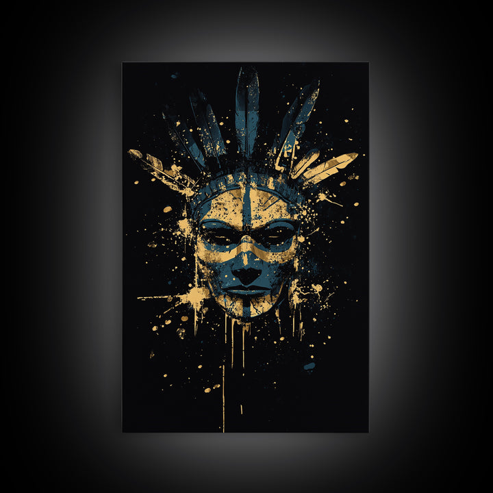 Tribal Feather Mask Gold Canvas Print, Abstract Splatter Mask Wall Art, Real Wood Frame, Modern Ethnic Home Decor