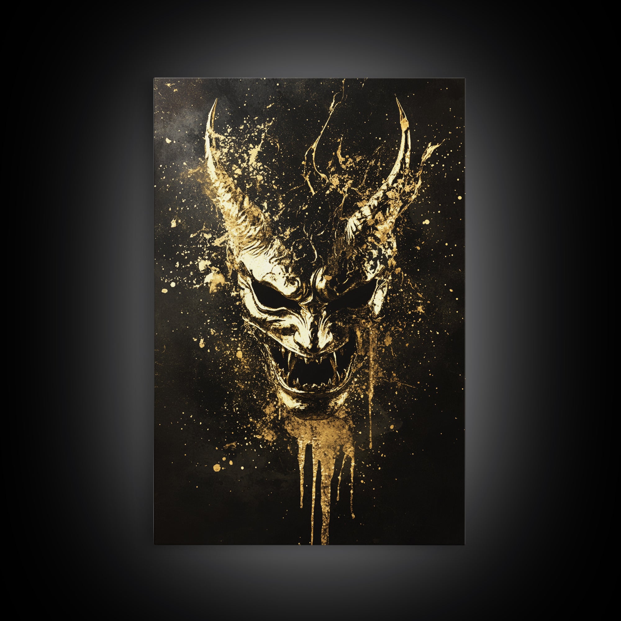 Oni Demon Mask Gold Canvas Print, Japanese Mythology Wall Art, Real Wood Frame, Bold Samurai Mask Artwork